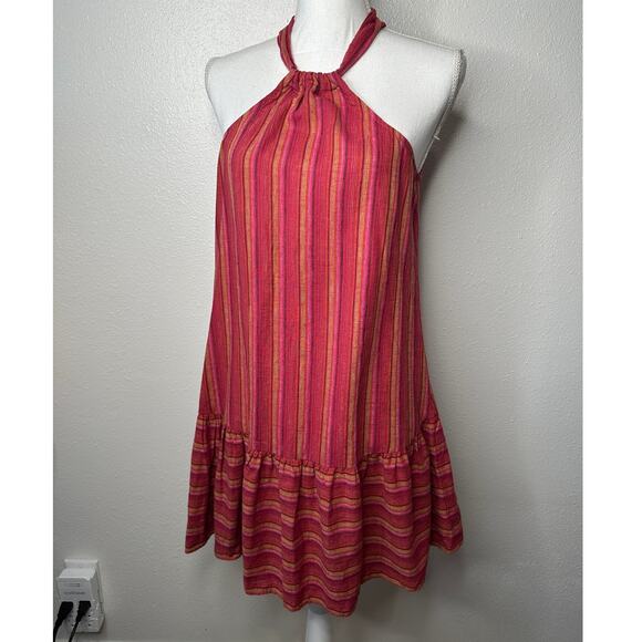 BCBG Generation Halter Mini Dress XS Pink Striped Sleeveless Flowy Ruffle Hem - Picture 13 of 16